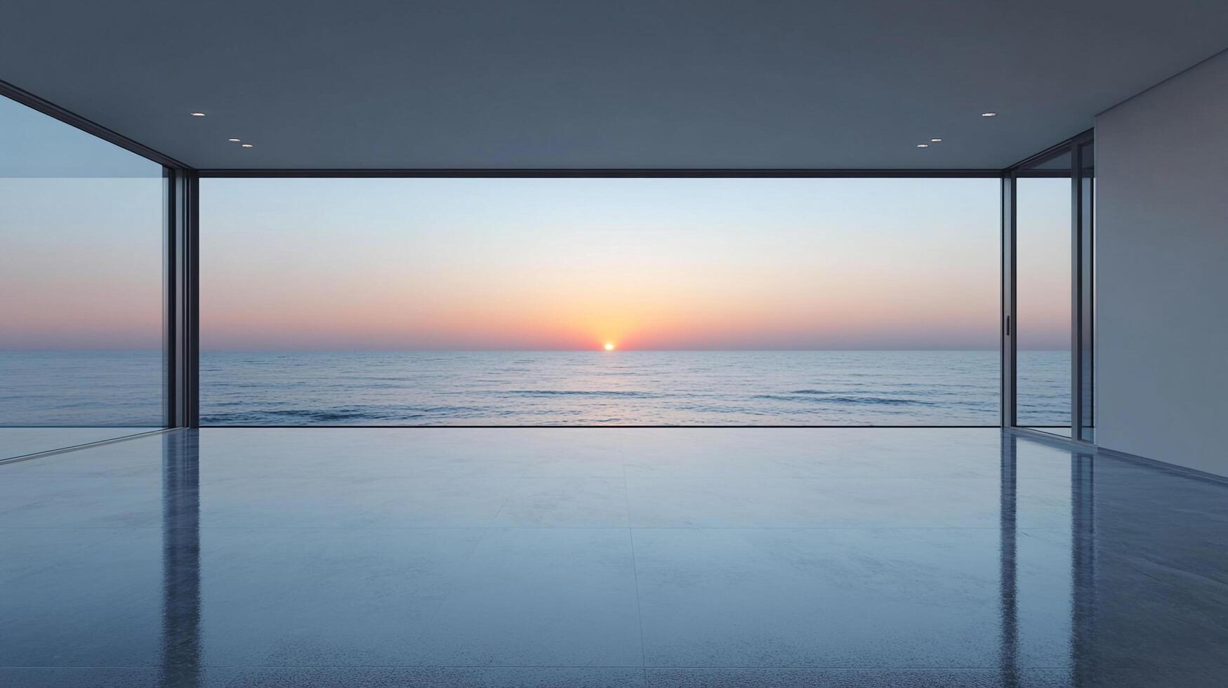 Ocean view from modern minimalistic room at sunset. Floor to ceiling glass windows framing the serene seascape, creating a tranquil ambiance. photo