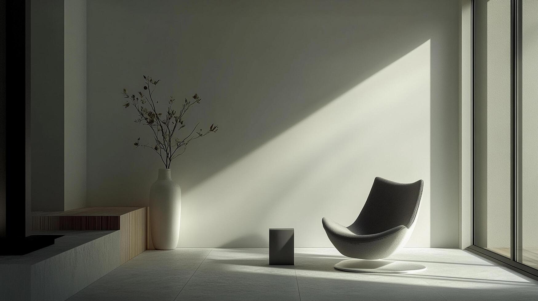 Serene interior with minimalist chair, sculptural vase, sunlight. Warm light and shadows. Calming neutral tones create a peaceful ambiance. photo