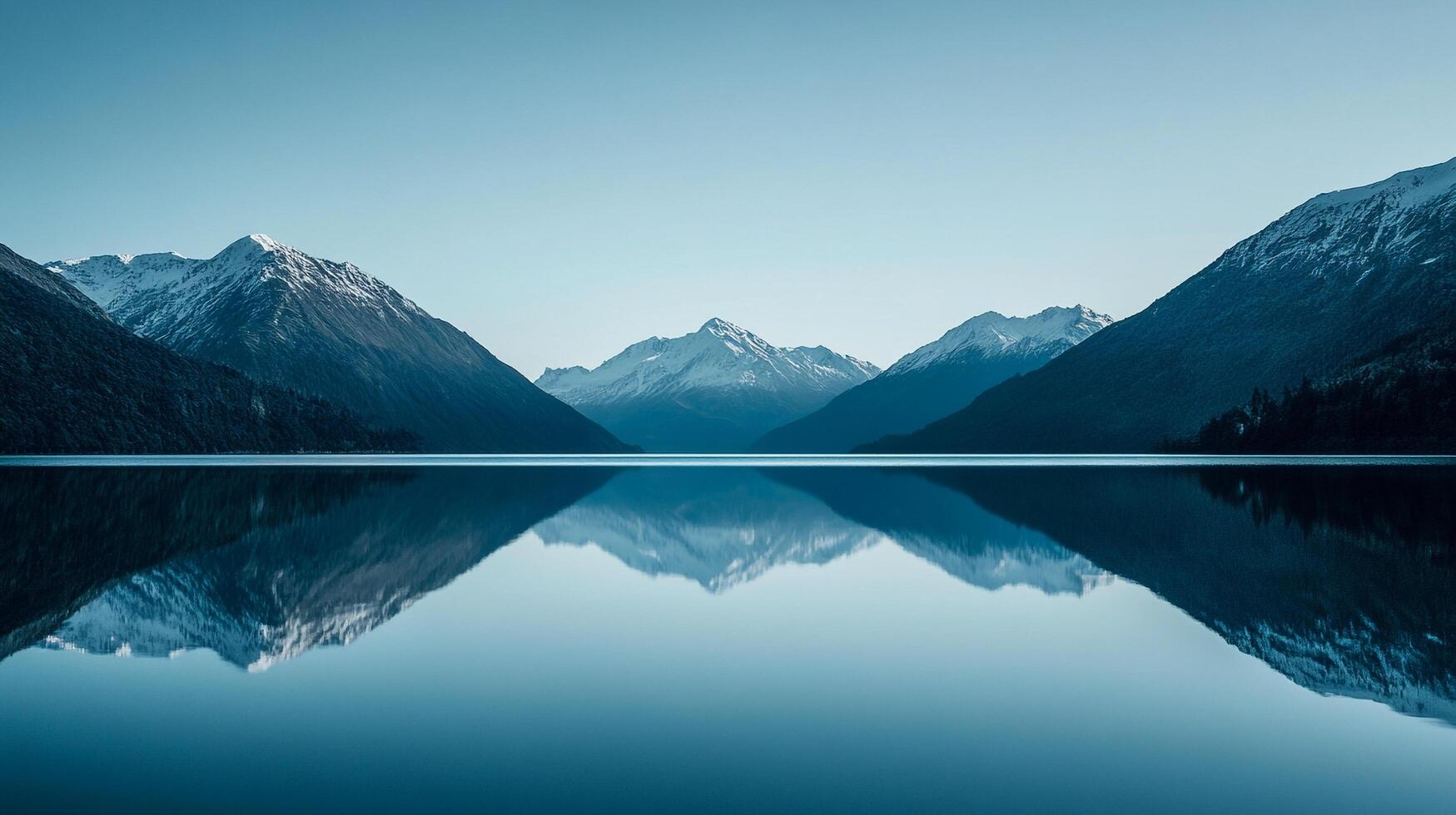 Mountains reflected in the water's serene surface creates a mirror image, enhancing its scenic landscape against a serene backdrop. photo