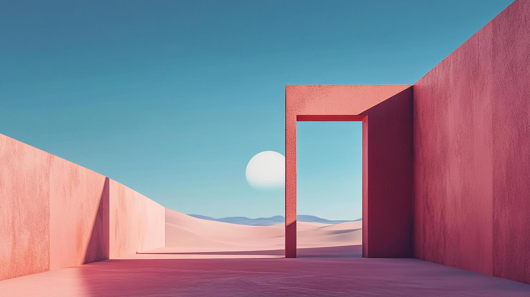 A minimalist scene featuring a pink architectural structure framing a serene desert landscape beneath a clear blue sky, evokes peaceful solitude. photo