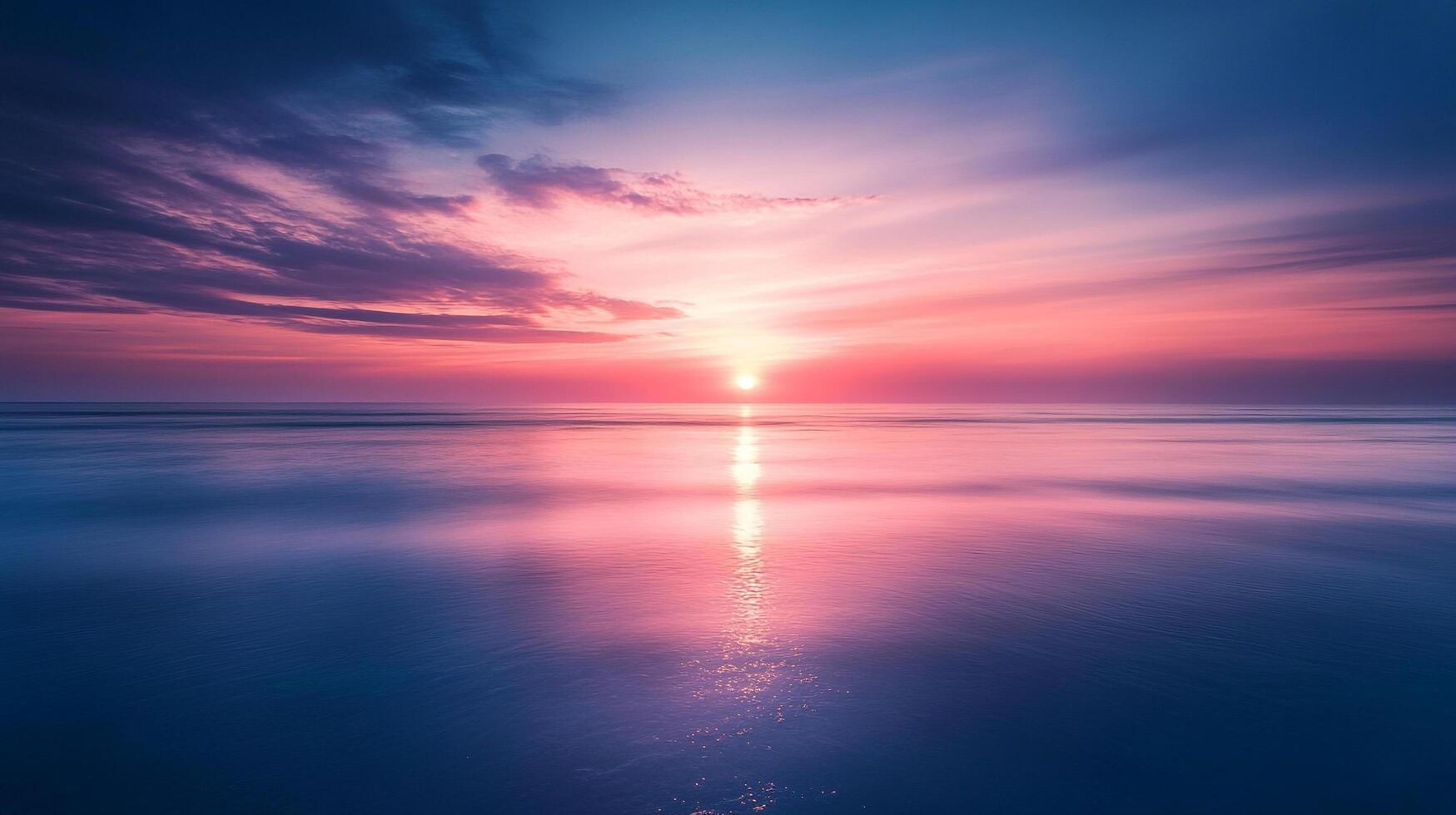 A serene seascape under a radiant sunset. The ocean reflects the vivid hues of the sky, creating a breathtaking panorama of tranquility. photo