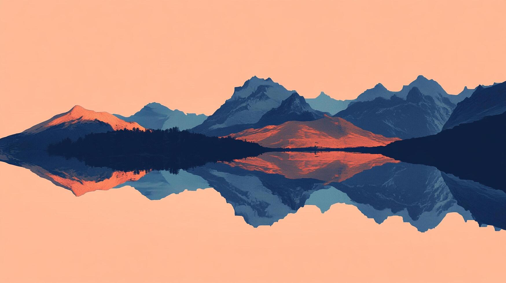 Serene mountain range reflecting in tranquil waters. A beautiful landscape featuring peaks, forests, and mirrored symmetry. photo