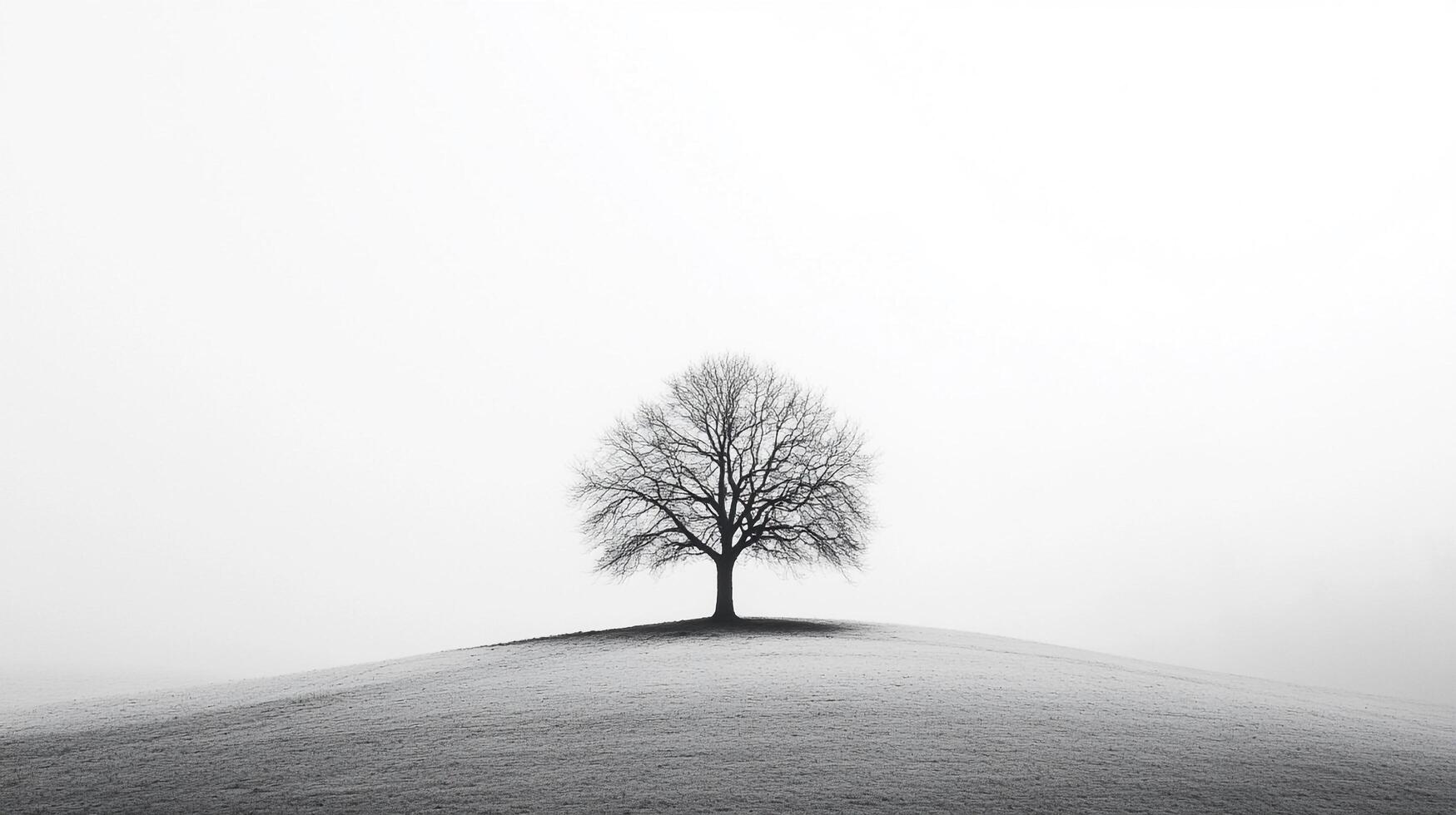 A stark, bare tree stands alone atop a frosted hill, its silhouette a striking contrast against the bright, hazy sky creating a sense of peace photo