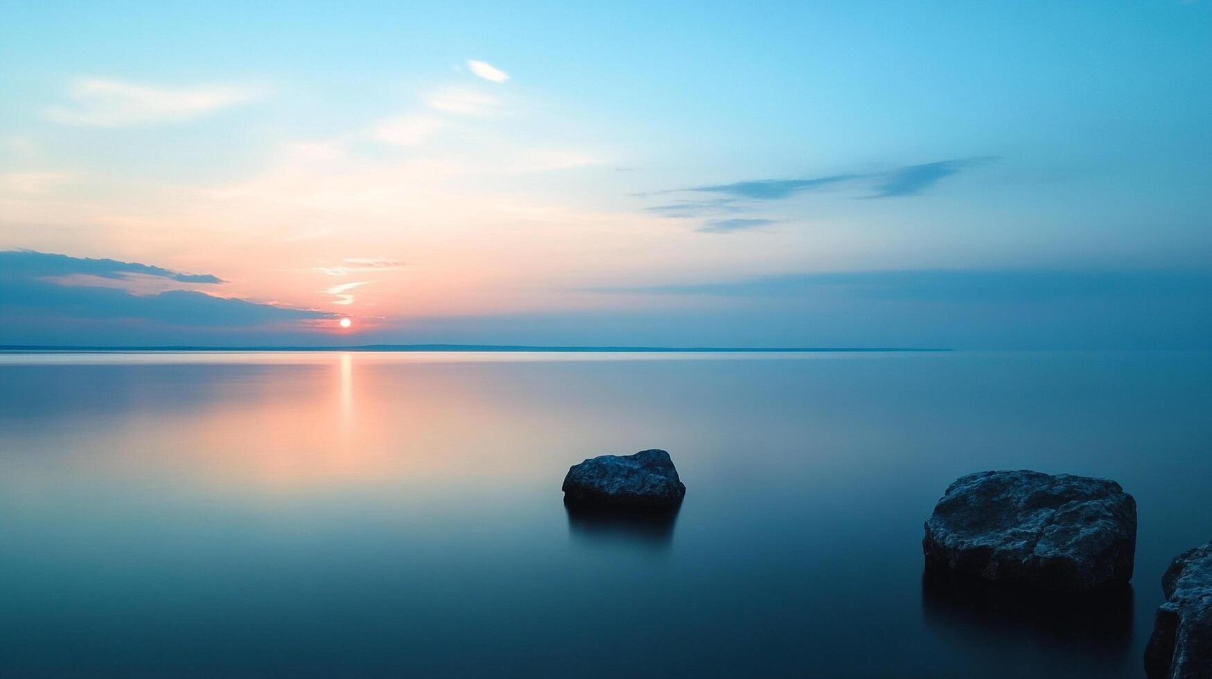 Tranquil sunset over calm waters, rocks subtly peeking through the mirror-like surface. A moment of serenity frozen in time. photo
