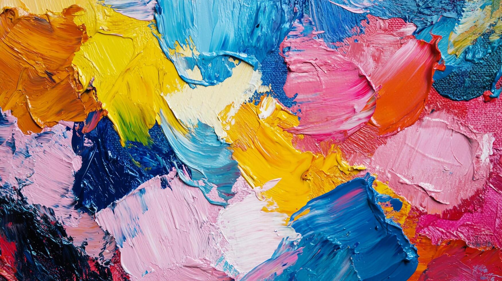 Colorful art featuring thick brushstrokes of yellow, blue, pink and orange oil paint applied in a textured pattern on canvas photo