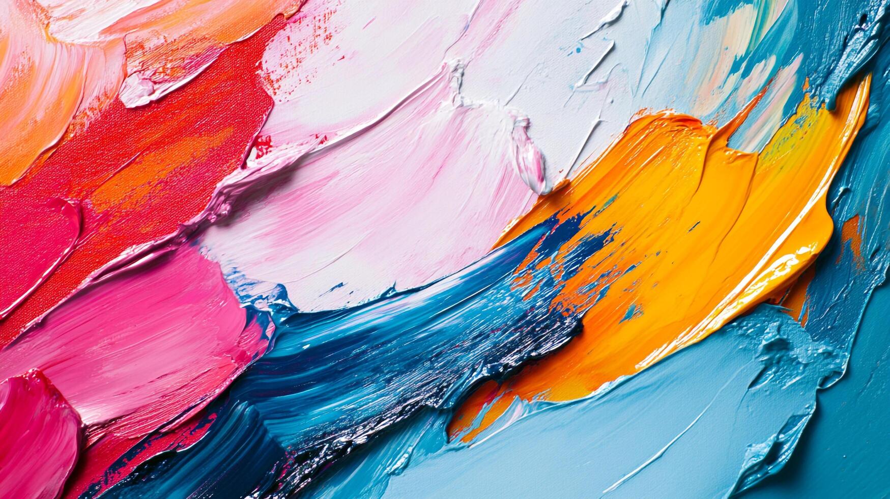 Abstract expressionism featuring thick, vibrant strokes in pink, orange, yellow, white, and blue hues, creating an energetic visual texture. photo