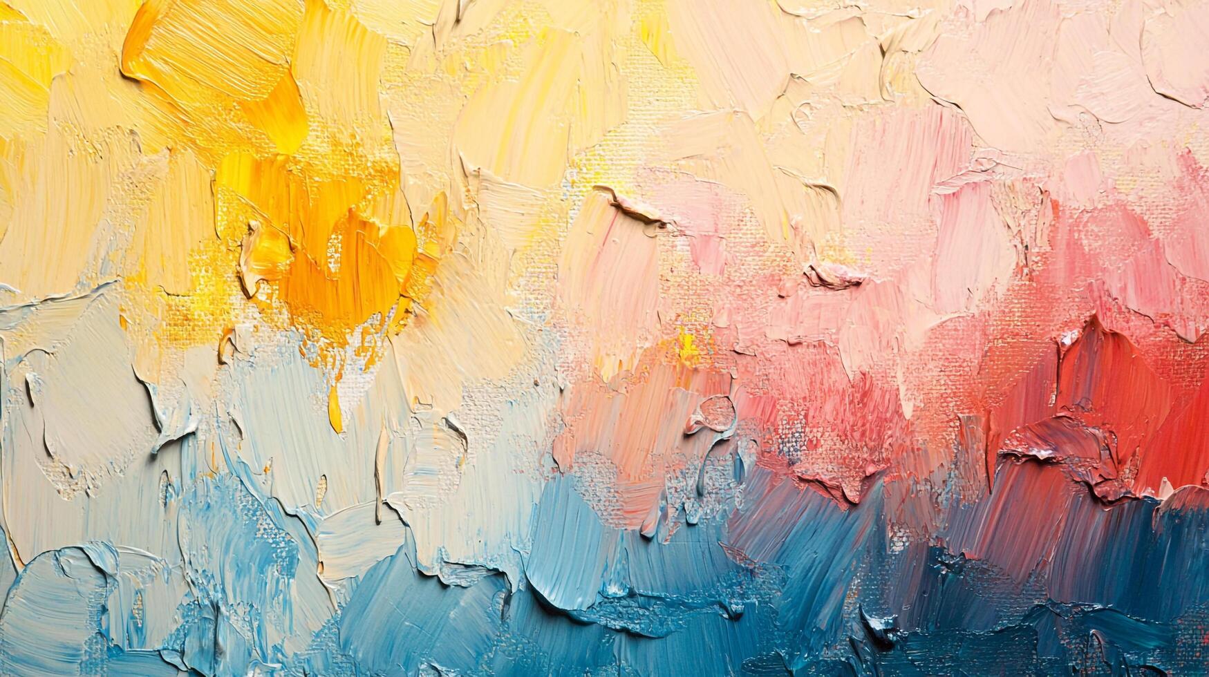 Colorful, textured, painted canvas art in vibrant yellows, pinks, blues. Thick paint strokes create depth and movement on the textured surface. photo