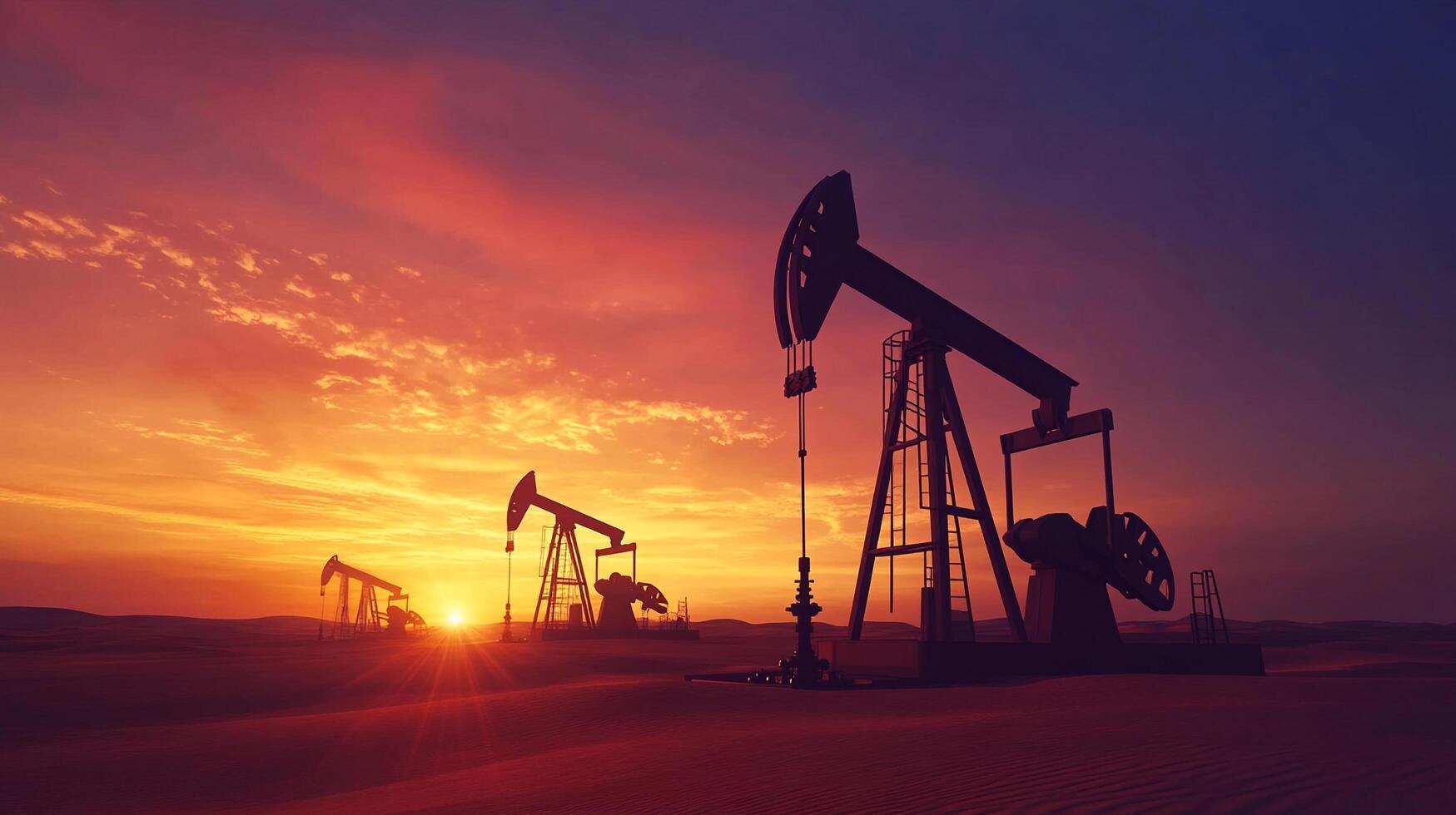 Silhouette of oil derricks against a vibrant sunset, symbolizing energy production in a desolate landscape. photo