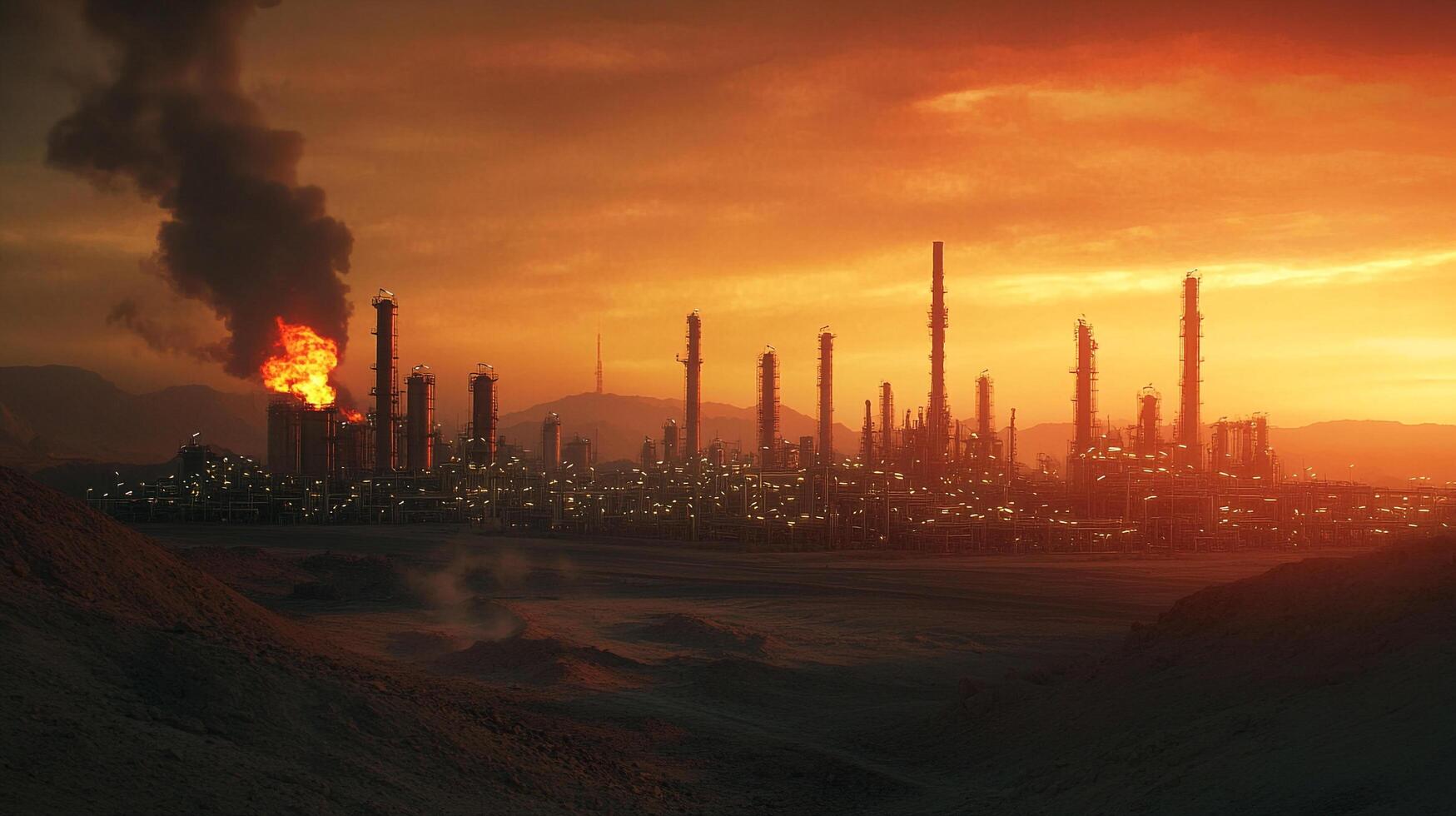Industrial complex at sunset engulfed in flames and smoke, showcasing the impact of industrial accidents on the environment. photo