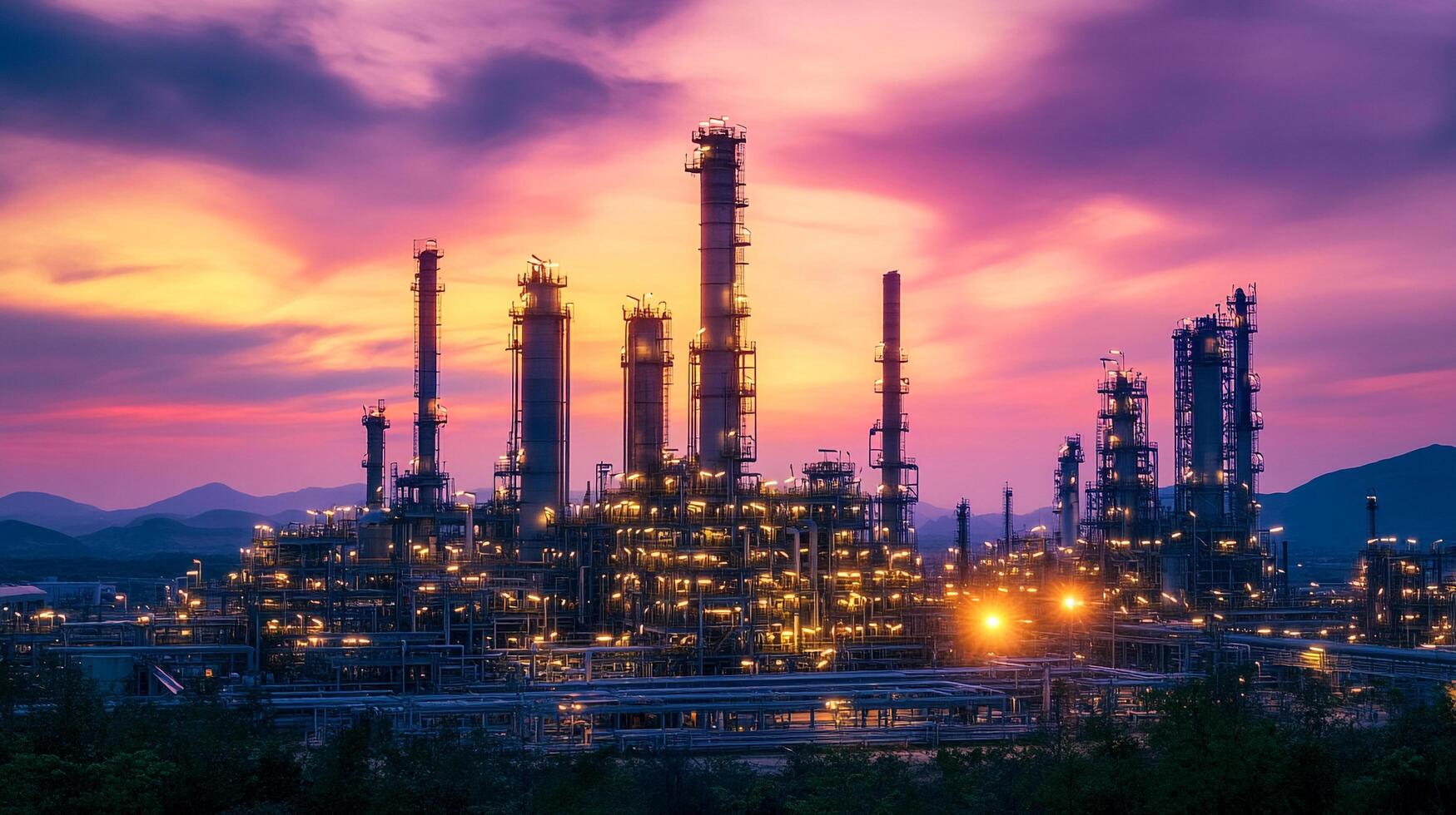 Illuminated industrial plant at dusk, tall structure, and dramatic sky. The plant is lit with warm light contrasting the cooler sky. photo