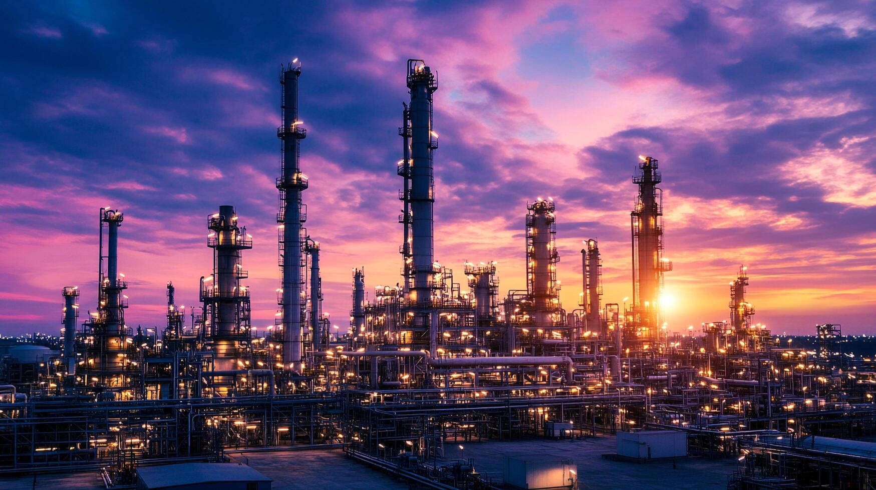 Industrial complex at sunset, with silhouettes of towers, pipelines and tanks against the colorful sky, creating a stunning landscape. photo