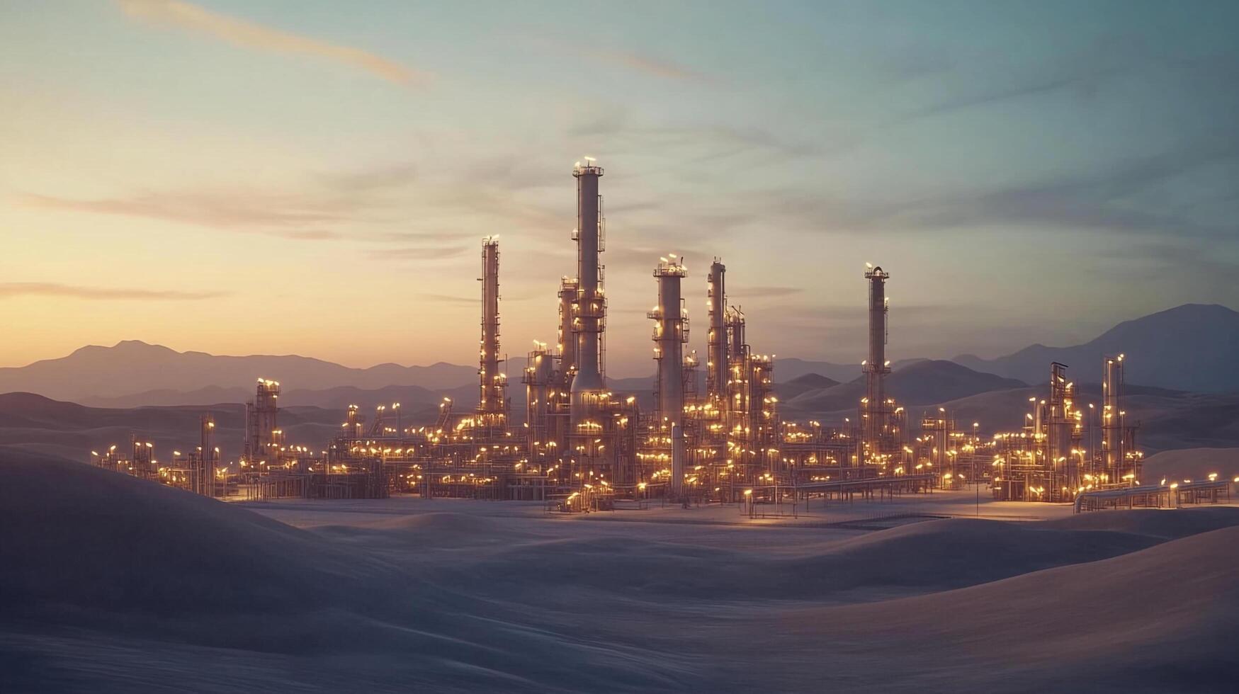 Desert refinery at dusk. Towers and lights illuminate the industrial complex against a mountain backdrop at twilight. photo