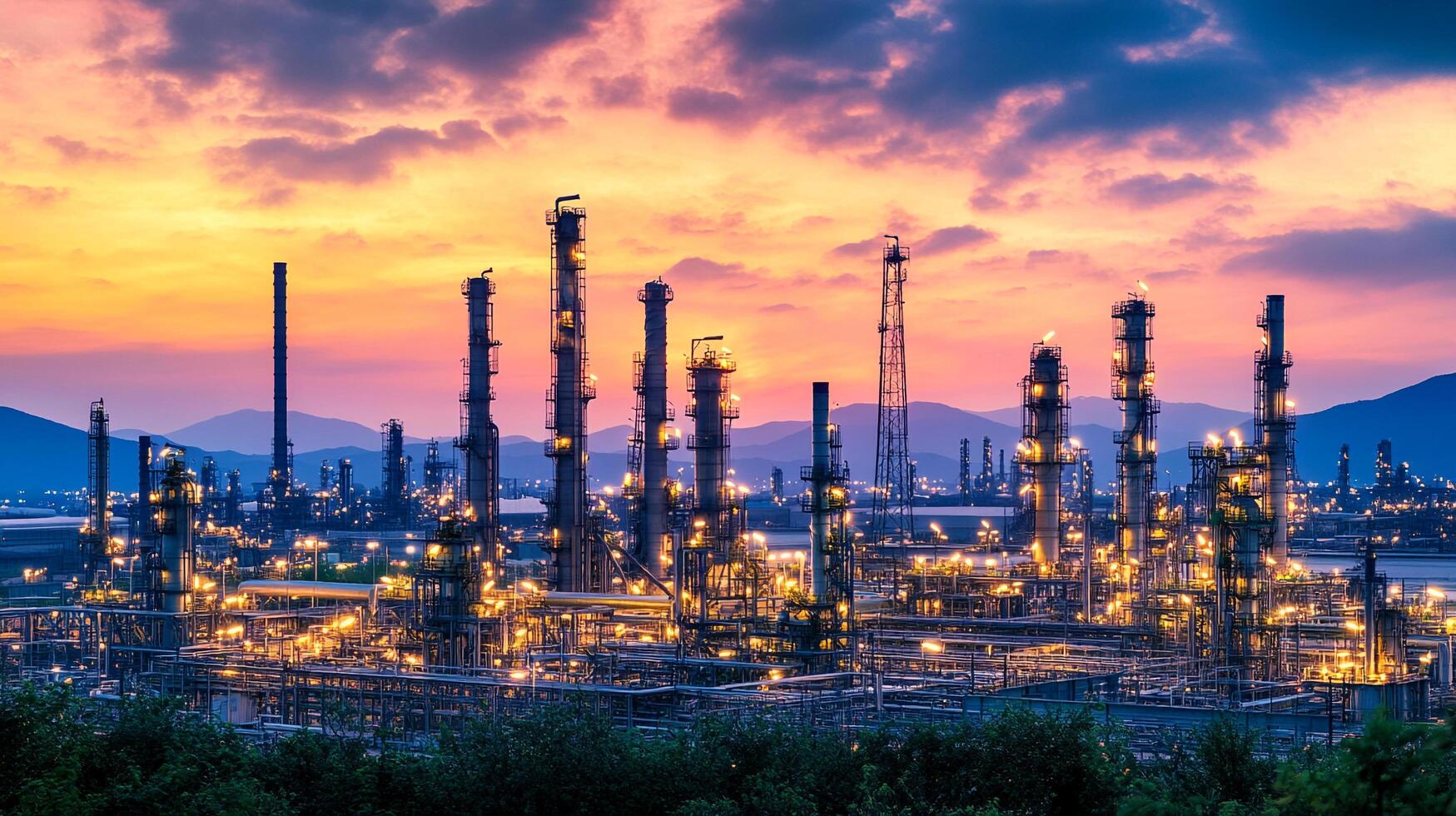 Night view of a complex industrial facility with illuminated structures, pipes, and towers under a colorful sunset sky. photo
