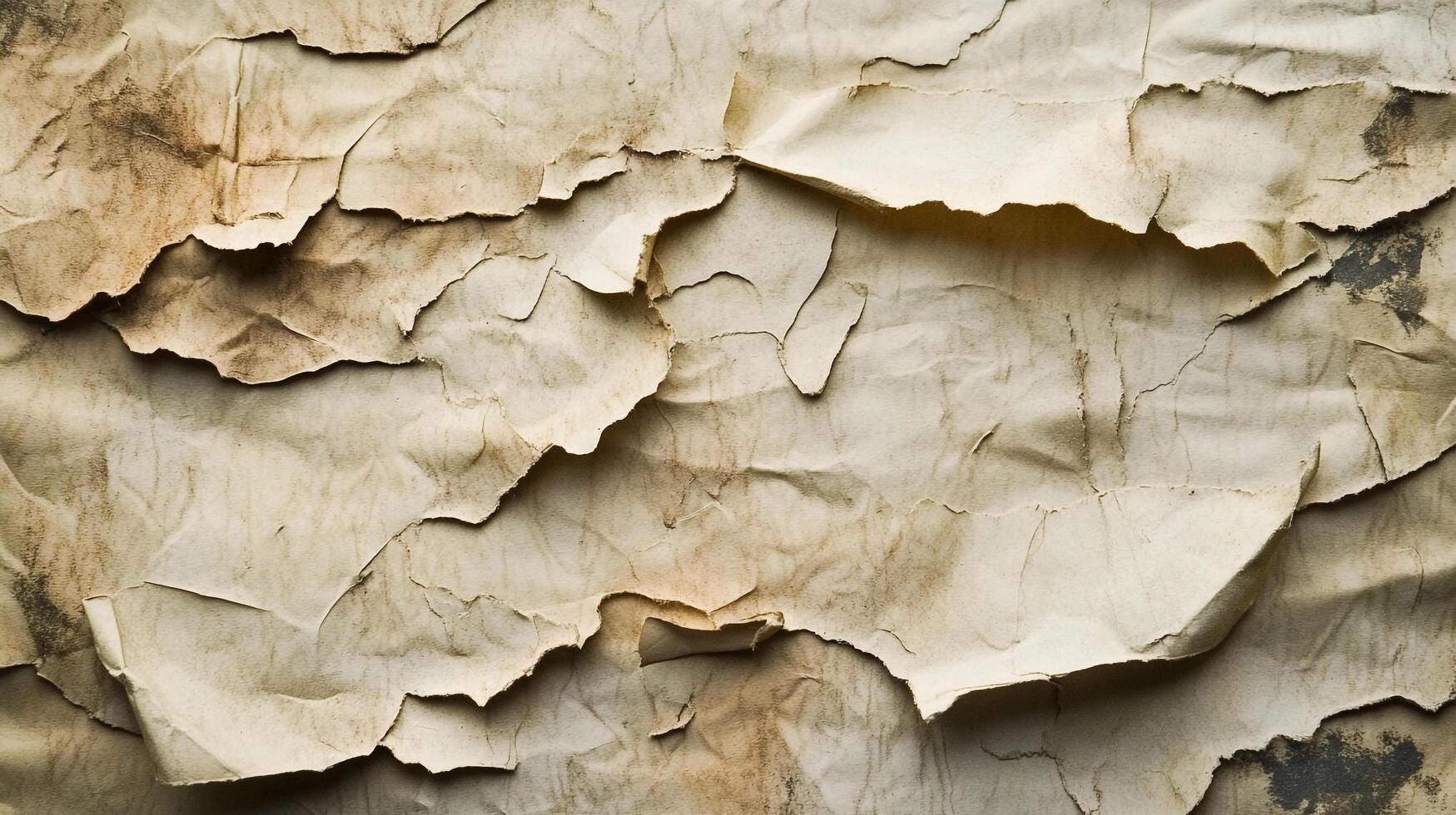 Abstract background featuring layers of decaying paper with rough edges, stained texture, and peeled details in various shades of light brown. photo
