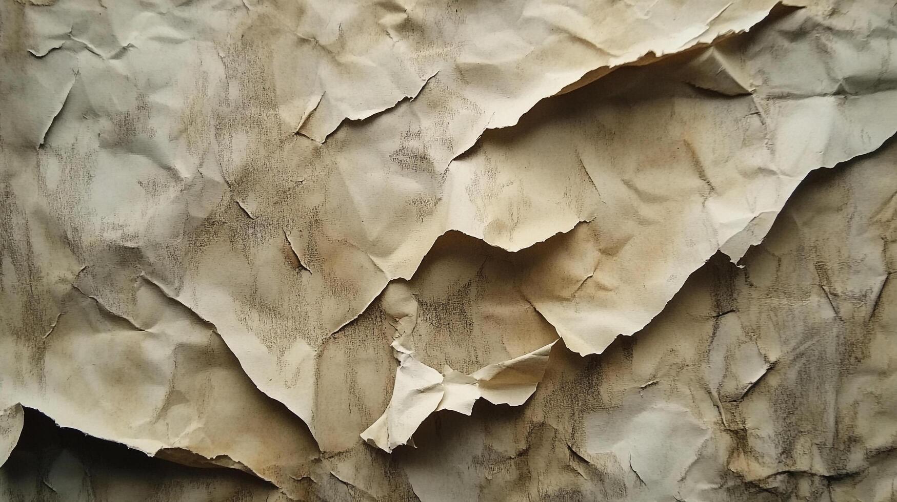 Distressed paper texture showing the effects of age and decay. The torn edges and stained surface enhance the vintage aesthetic. photo