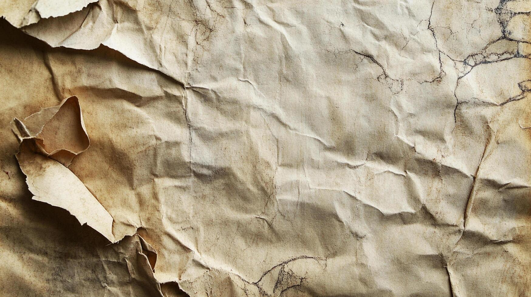 An old, creased paper texture in warm, neutral tones. The edges are torn, adding to the antique feel of the crumpled surface. photo