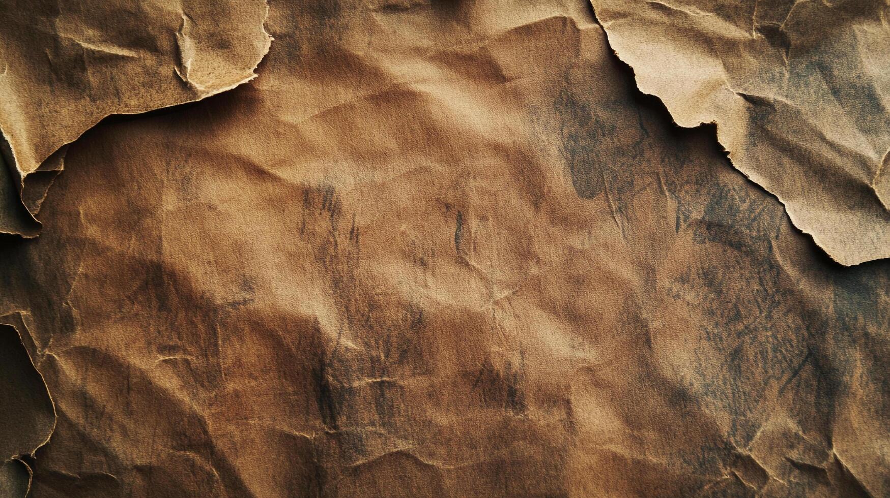 Textured brown crumpled paper with rough edges. The background features varied shades and textures. For use as backdrop, banner, graphic design. photo