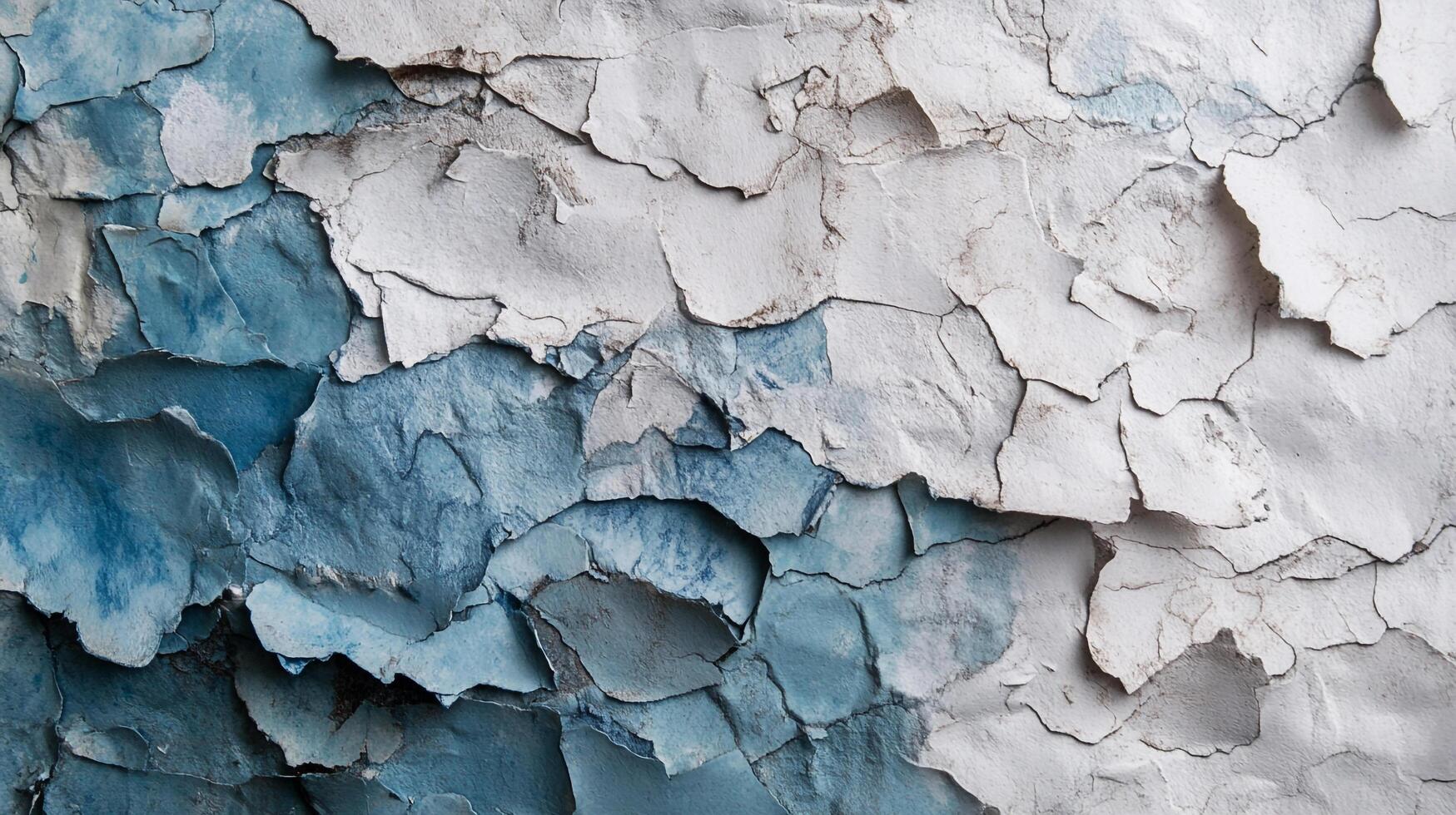 Distressed wall texture showing layered paint in shades of white and blue with a weathered and aged appearance and cracked surface detail. photo