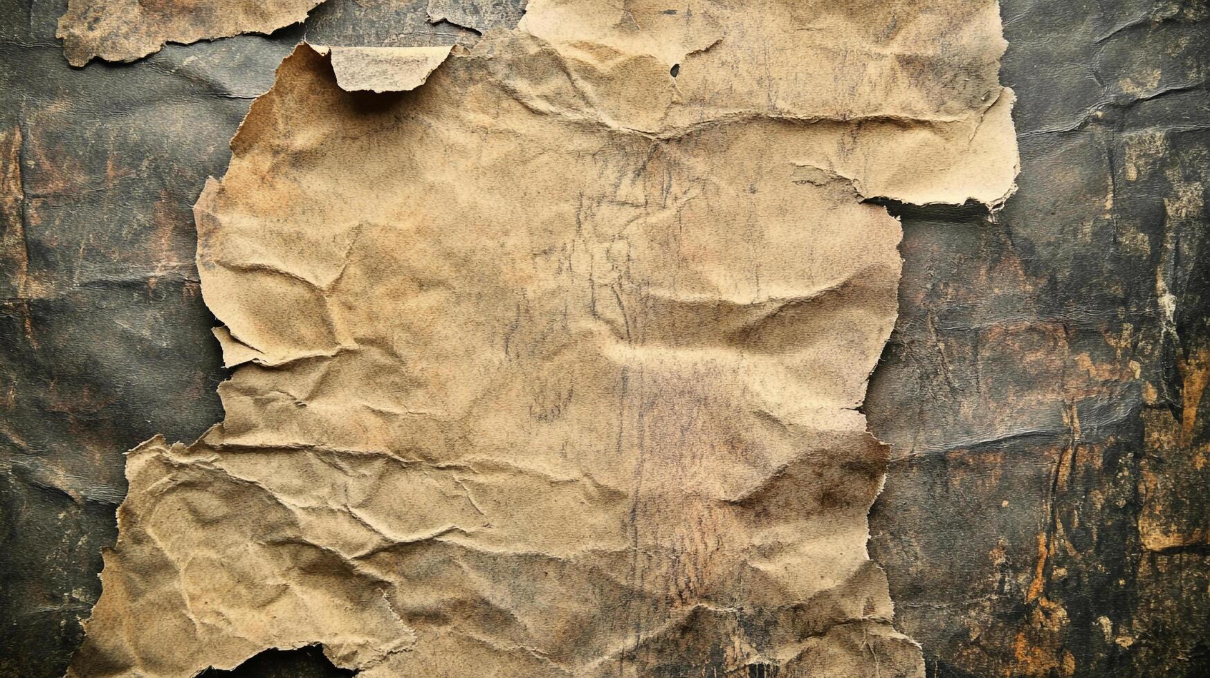Textured background of old paper on aged material, a collage of brown and black, evoking a feeling of history and decay. photo