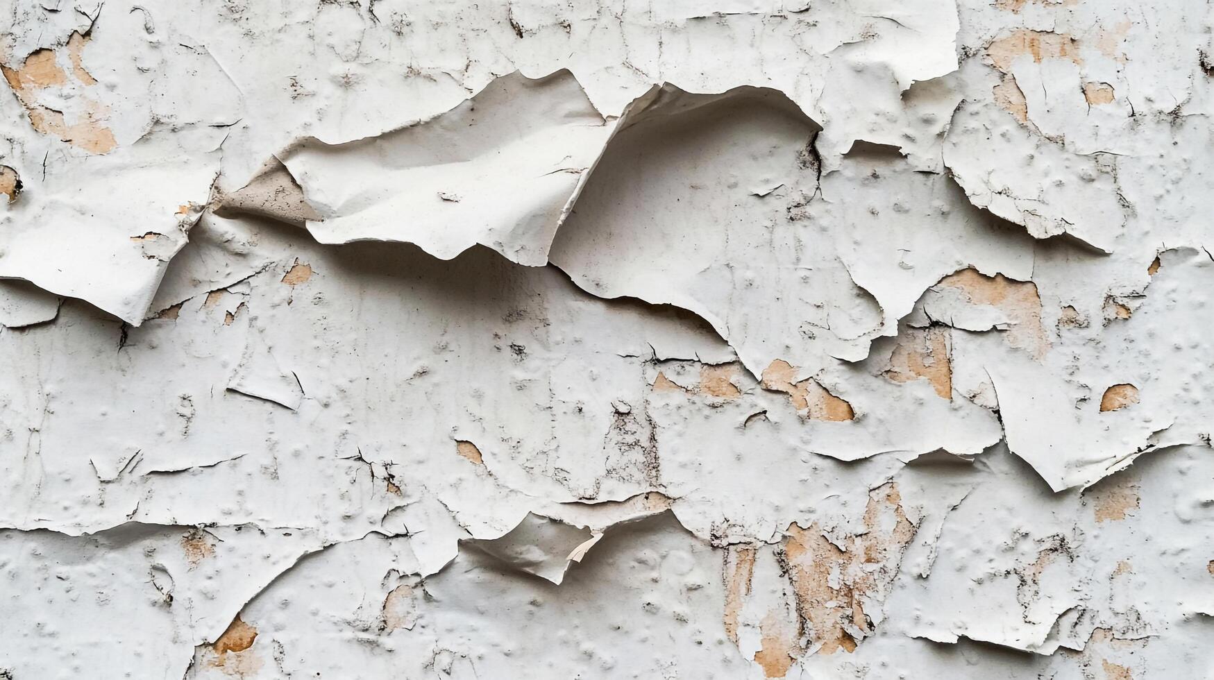 Peeling white paint reveals a distressed textured surface, creating an aged, weathered aesthetic with natural patterns and color variations. photo