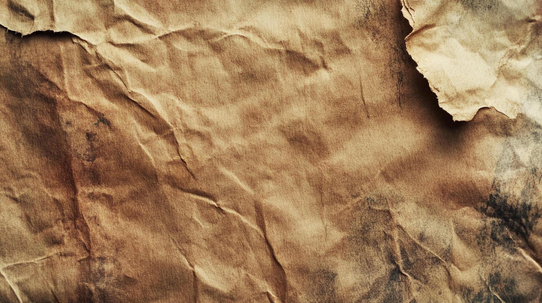 Detailed view of aged paper texture with wrinkles and brown discoloration, reminiscent of vintage documents or ancient maps. photo