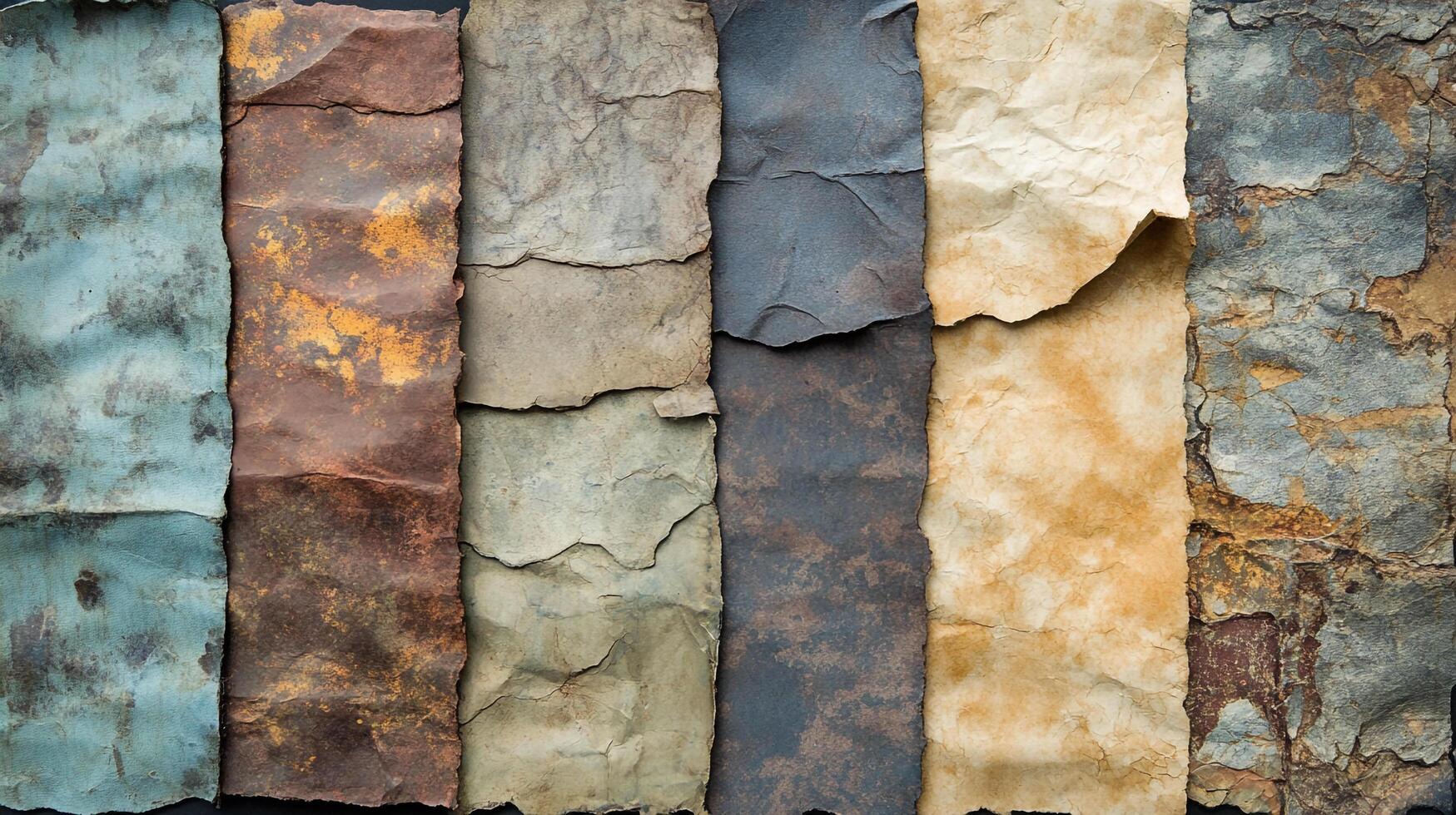 A colorful arrangement of textured sheets evokes an artistic, organic feel with a variety of surface finishes and irregular edges. photo