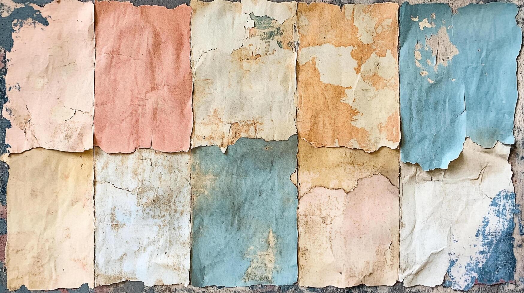 An array of tattered, pastel-colored papers on a textured surface, evoking age and artistic decay in a vintage aesthetic. photo