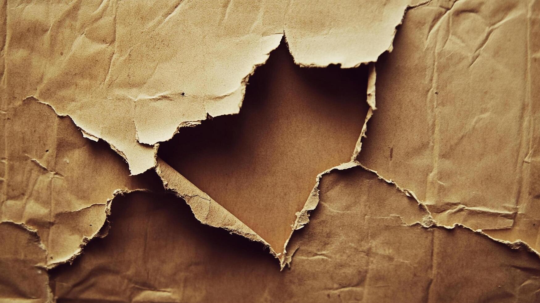Torn cardboard texture. Wrinkled and brown, a section is ripped open, revealing the inner layer of the packing material underneath. photo