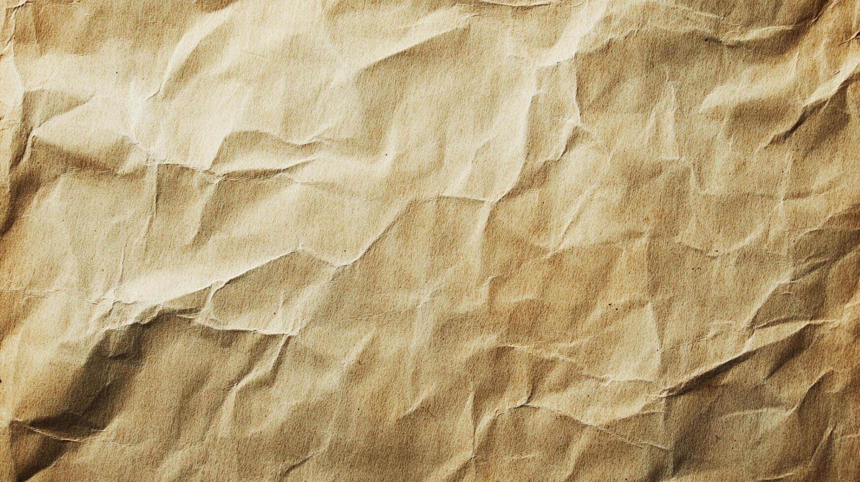 Detailed full frame shot of crumpled craft paper displaying multiple wrinkles and creases, showcasing its texture, tone, and rugged character. photo