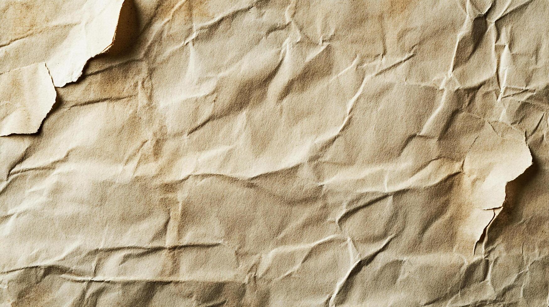 Crinkled sheet of paper, old and worn, with torn edges. The texture creates shadow lines and highlights. Aged paper background photo