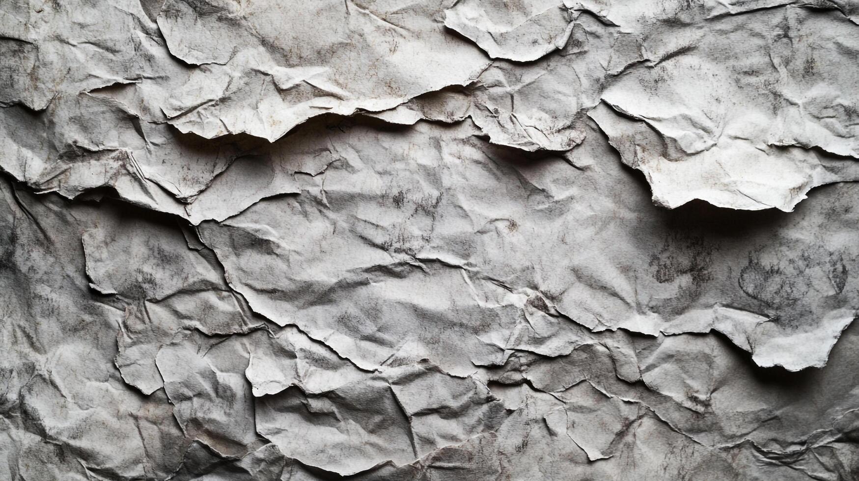 Close-up of crumpled paper creating textured abstract. Neutral tones and shadows add depth to the detailed paper. photo