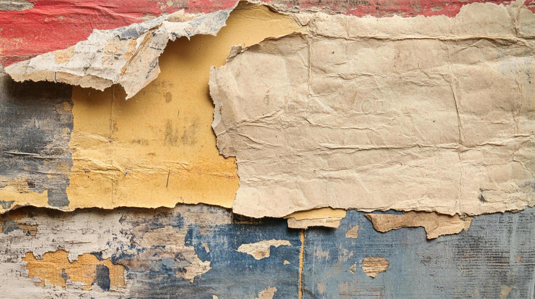 Abstract composition of ripped paper on a painted wall, revealing layers of color and texture, creating an intriguing visual experience. photo