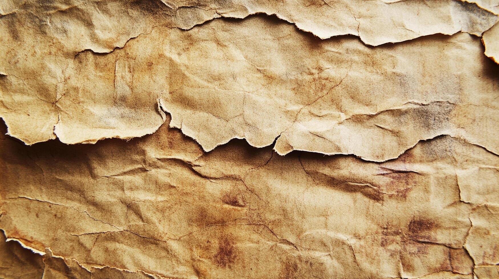 Wrinkled and torn parchment background, a vintage paper texture with brown and beige tones creates an antique textured appearance. photo