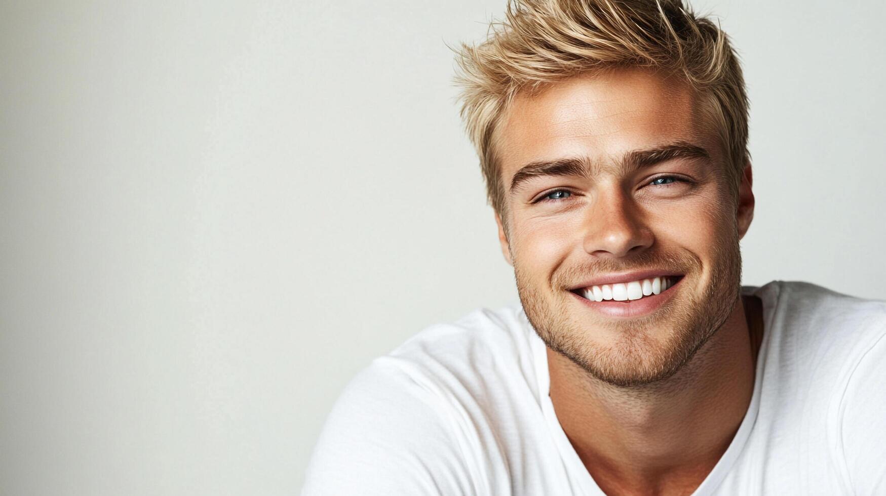 Blonde man with bright blue eyes and a beaming smile. The man is wearing a simple white t-shirt and has a light stubble. The image is clean. photo
