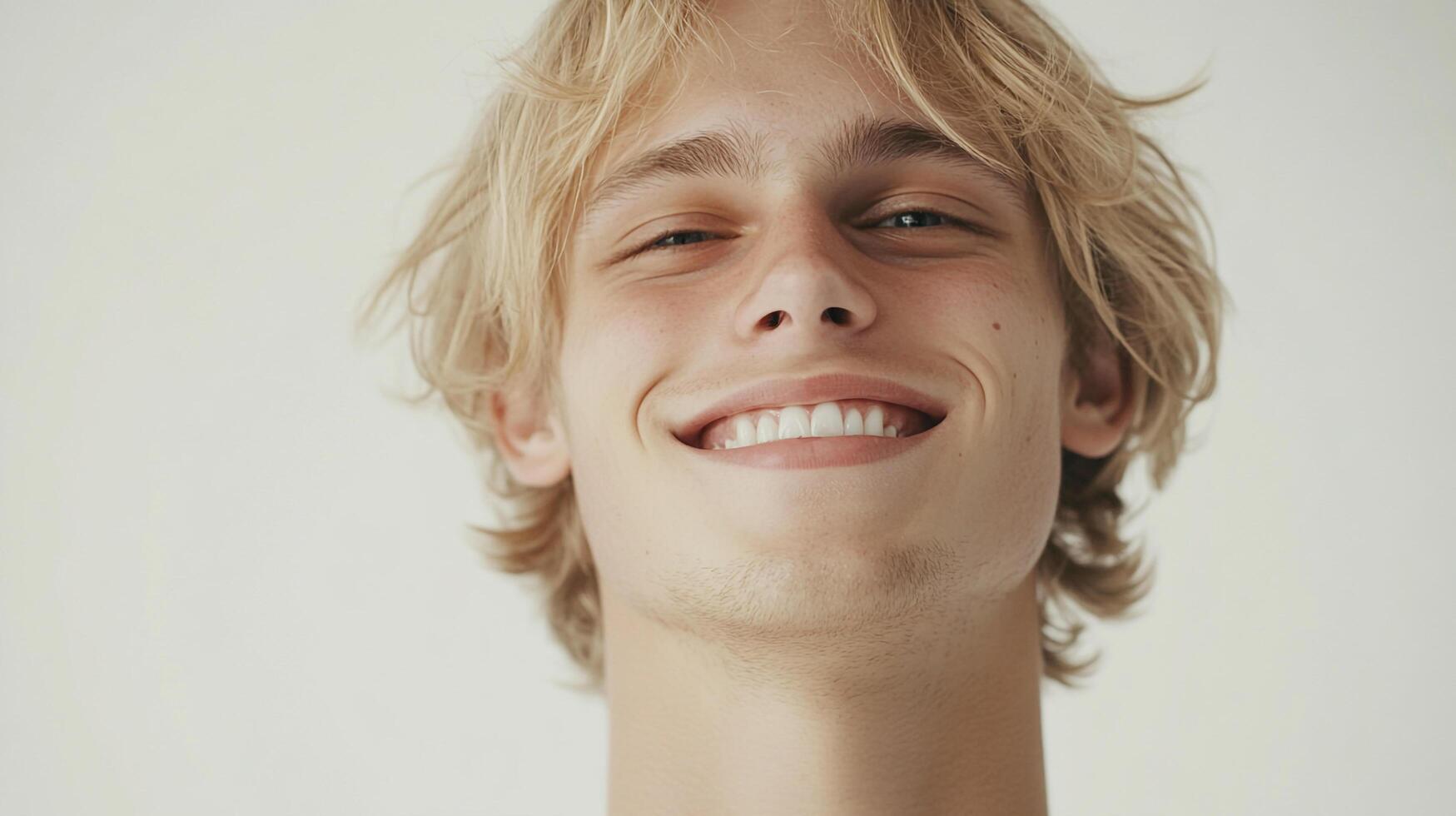 Smiling blonde man with soft, sun-kissed hair radiates warmth and approachability, showcasing a happy and inviting presence. photo