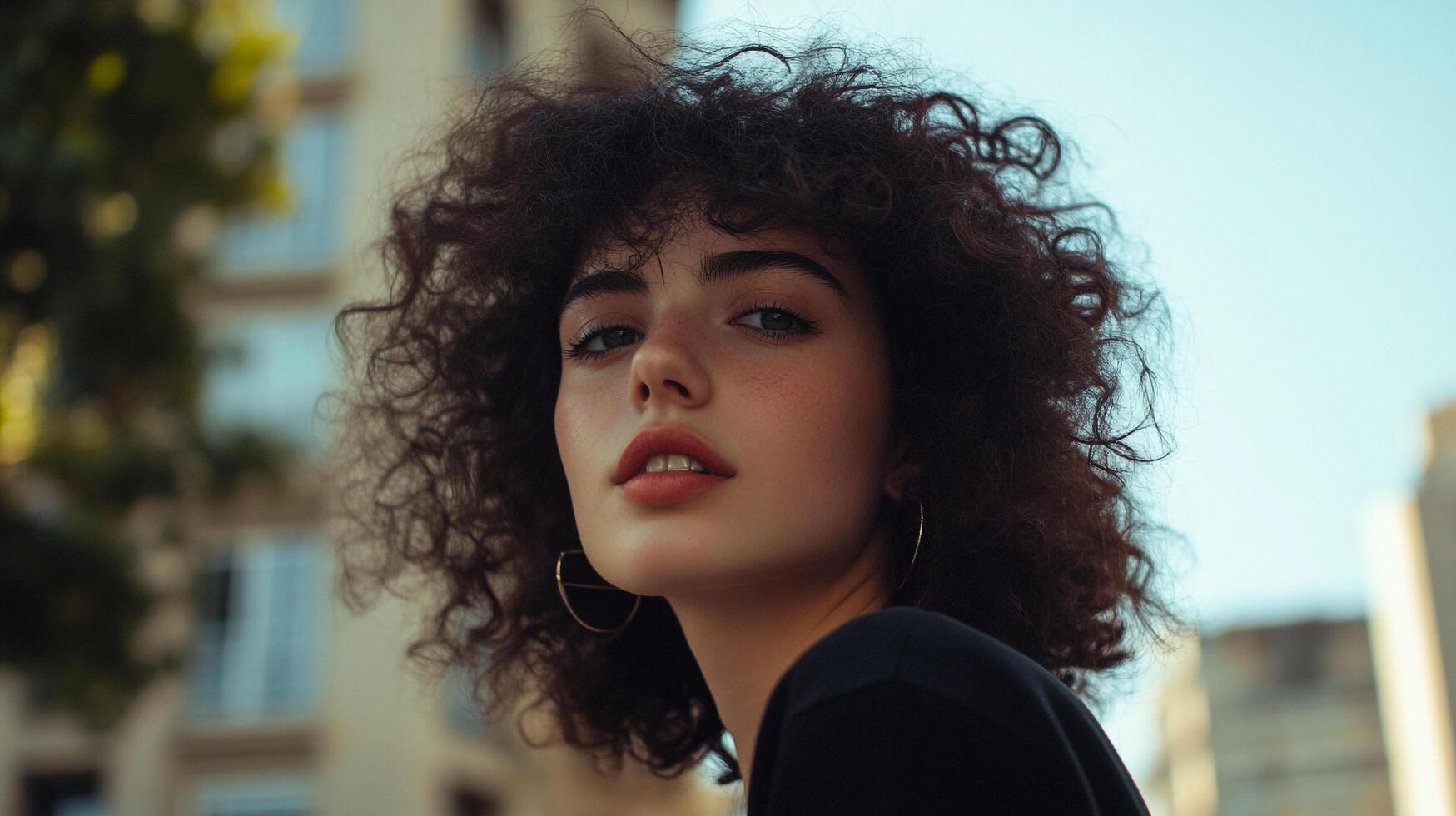 Portrait of a young woman with curly hair, gazing confidently into the camera, soft light and buildings in the background create a urban feel. photo