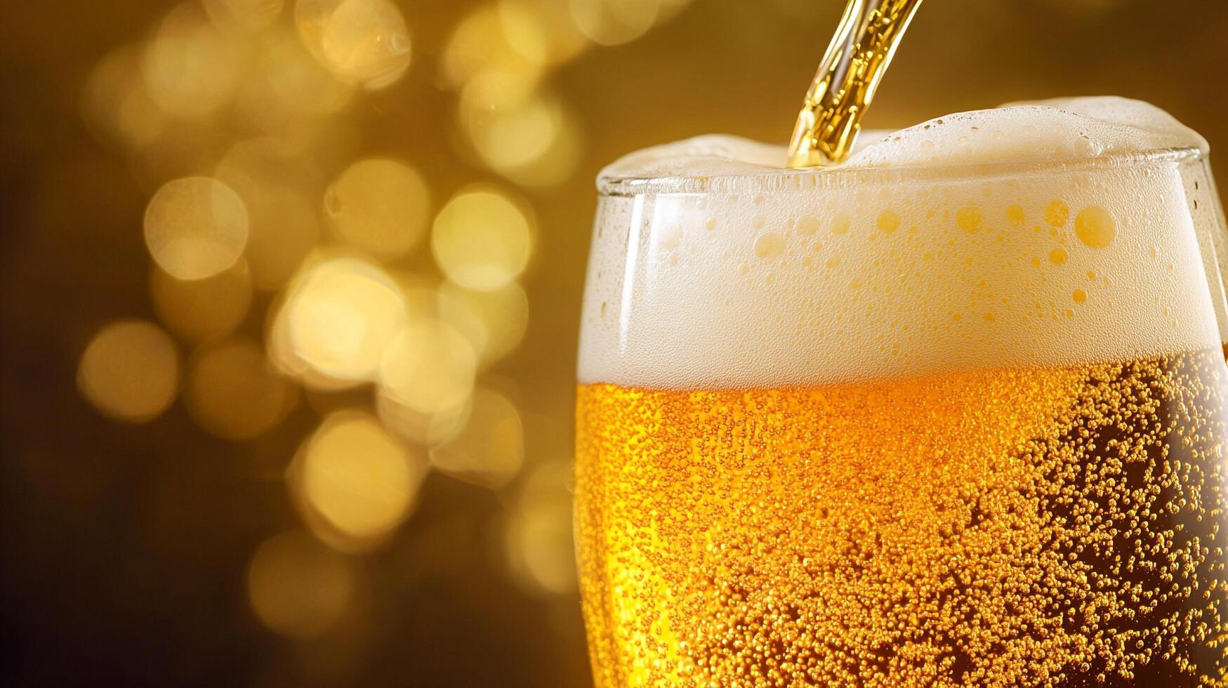 Beer pouring into a glass creating a fizzy, refreshing beverage. The golden liquid is bubbly and delicious, background is blurred lights. photo