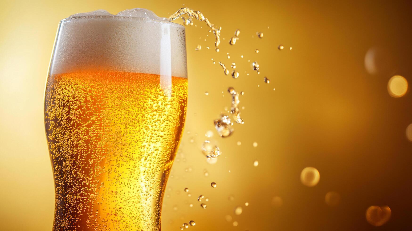 Refreshing beverage with foam creating a splash, a perfect drink for celebrations. Golden background enhances the bubbly texture. photo