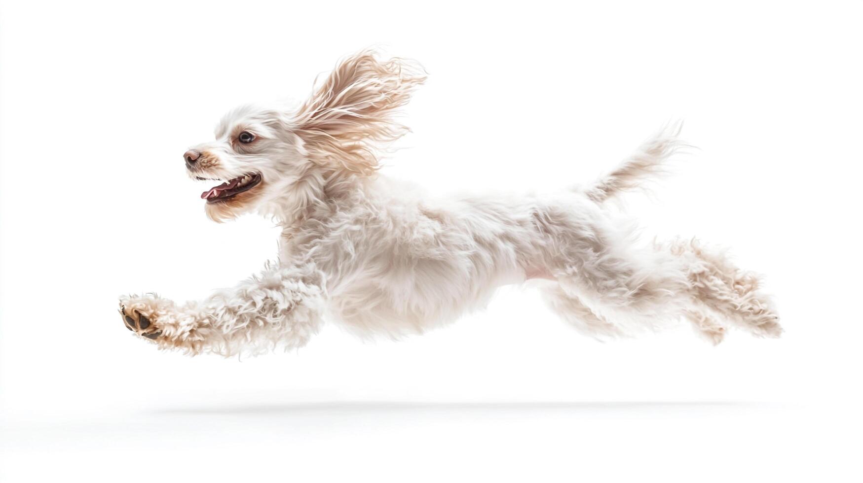 A joyful furry friend sprints mid-air against a bright background, its ears flapping in the wind, illustrating sheer canine energy. photo