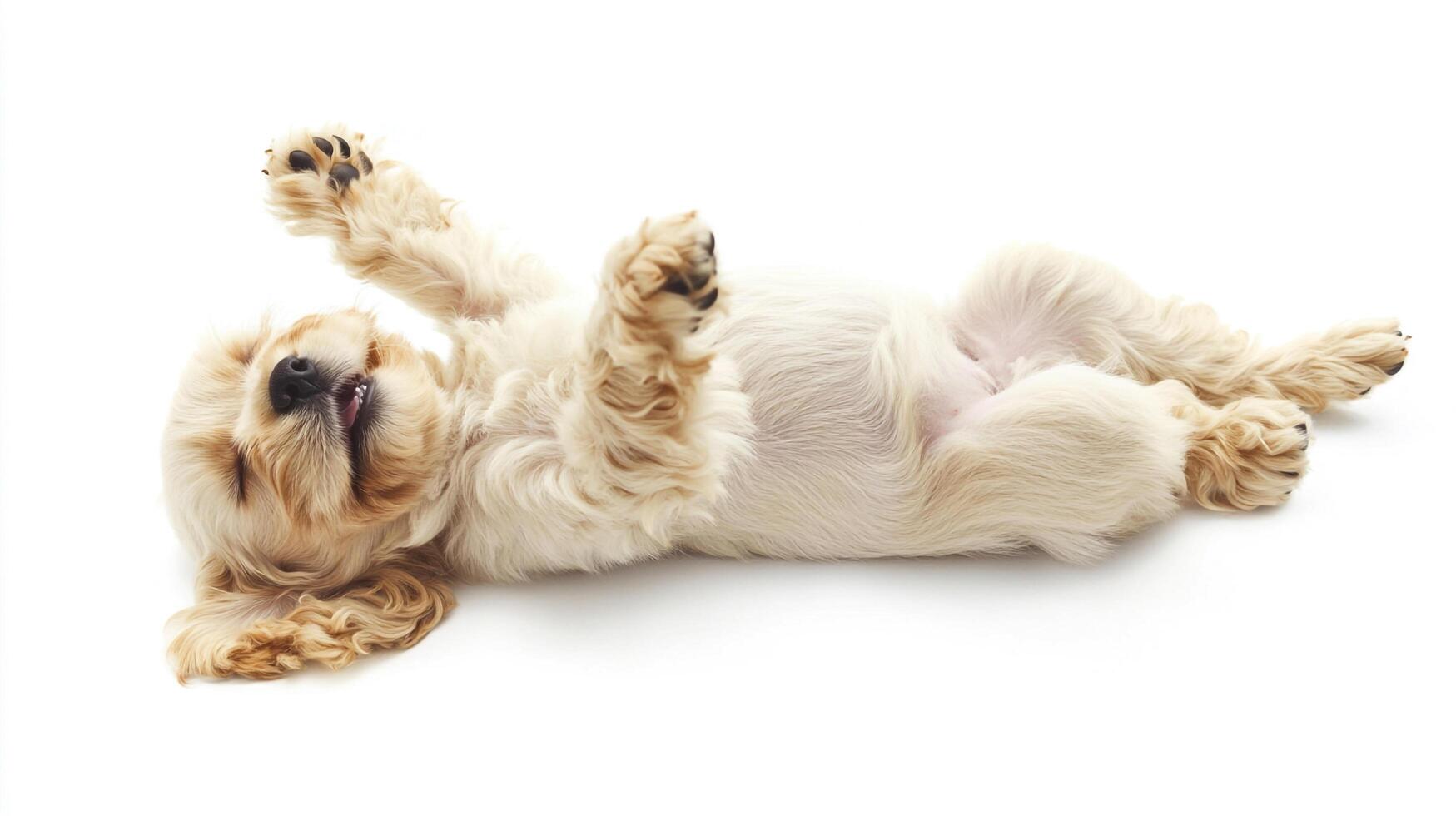 Golden puppy playfully rolls on its back with paws up in the air, showing off its adorable belly. Its tongue is poking out, expressing joy. photo