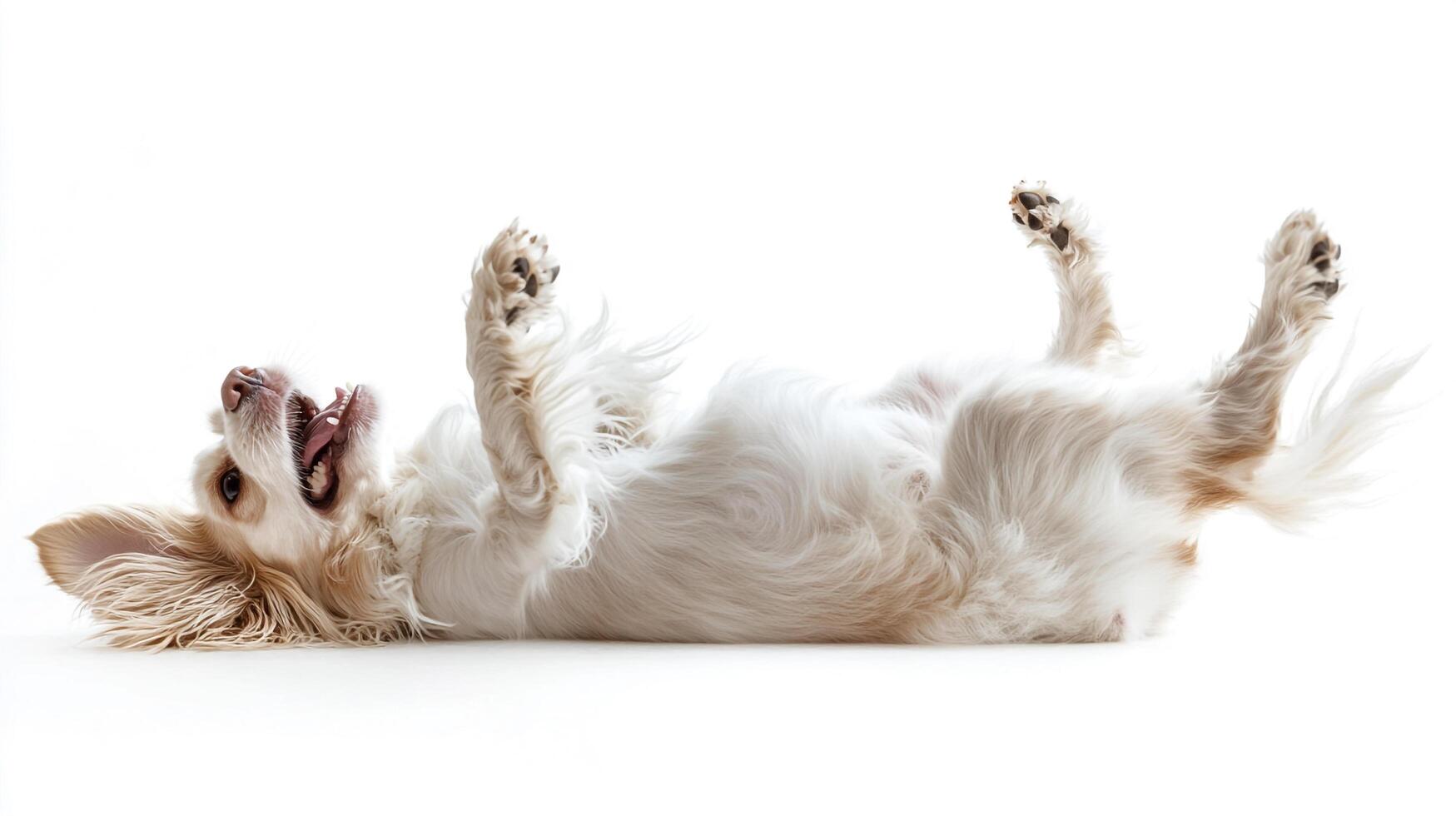 Joyful canine revels, basking in exuberance with paws up on a serene white backdrop. This delightful scene captures pure, playful bliss. photo