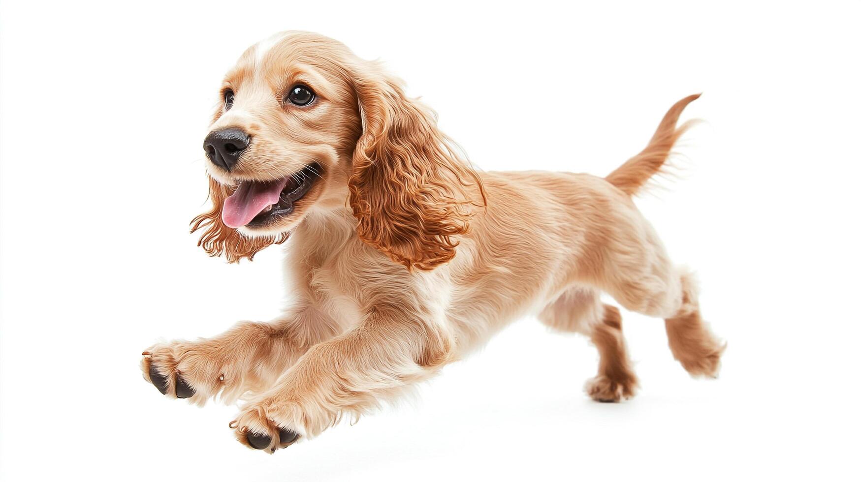 Joyful puppy leaps with glee, its golden fur catching the light in a moment of pure happiness. The epitome of canine exuberance. photo