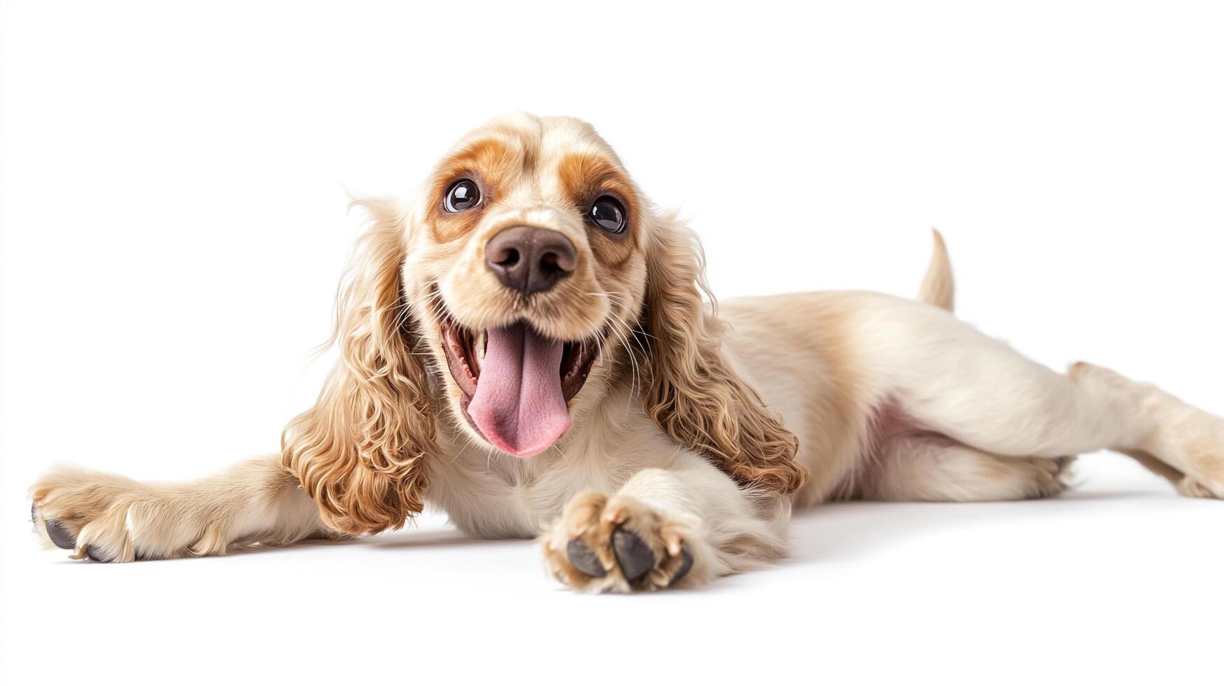 Cocker Spaniel Puppy Smiles Brightly on White Background. Golden fur and playful paws show happy canine ready for fun and friendship. photo