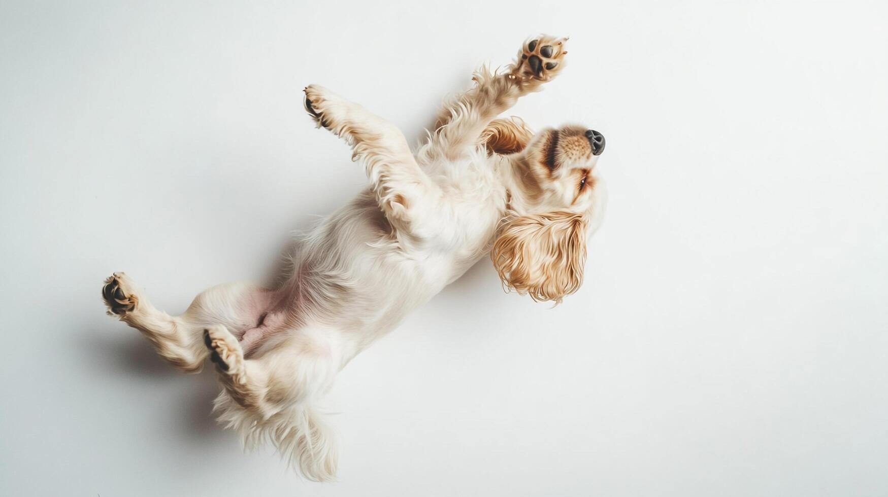 Golden dog lying upside down on a white surface, paws up in the air, as if it's playing or asking for attention. Light colors and a minimalist scene. photo