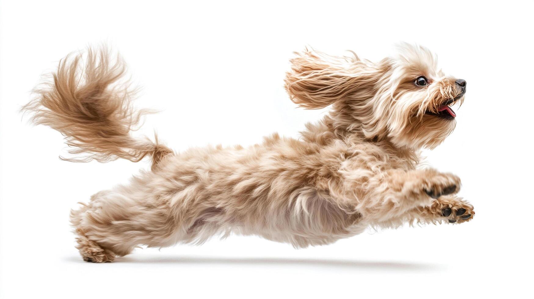A fluffy, light-brown dog mid-leap, showcasing energy and joy against a clean white background. Tail up, tongue out, embodying freedom. photo