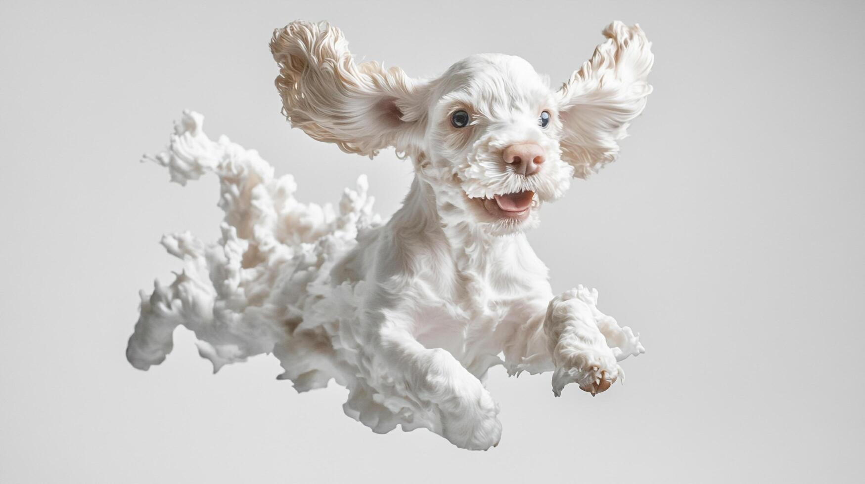 A fluffy, white dog leaps joyfully against a light gray backdrop, ears flapping. This action shot captures the canine's energy and happiness. photo