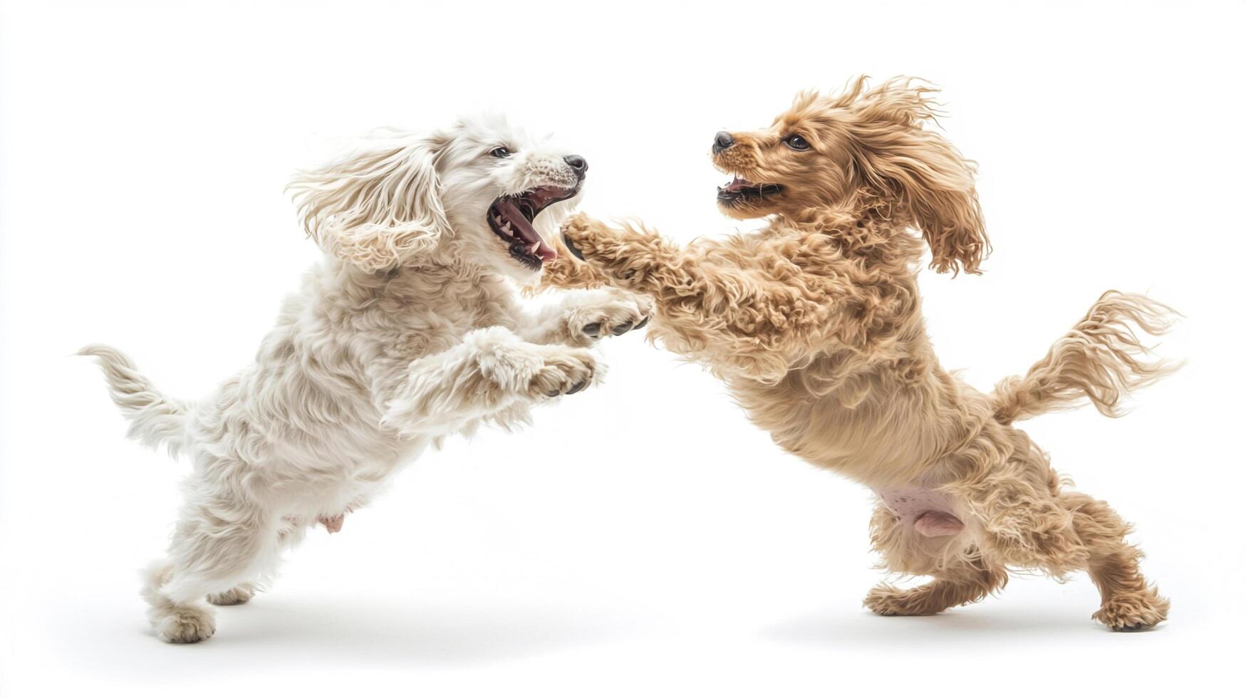 Two cute curly puppies in a playful scuffle against a bright white background, mid-air. One is white, the other is brown, and both look fierce. photo