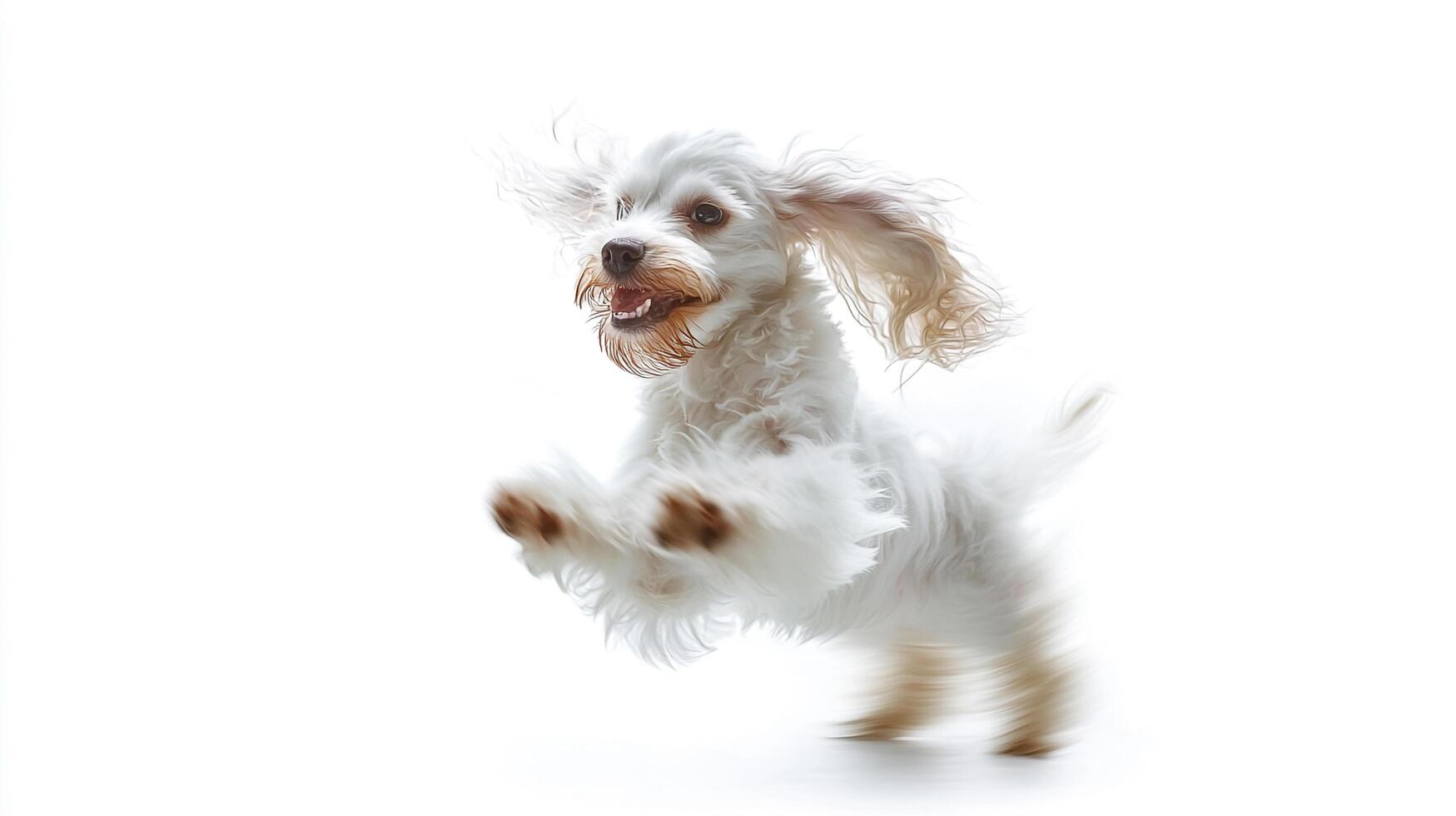 Energetic dog leaps mid-air with joy, a burst of playful energy. The white background amplifies the dog's dynamism and lighthearted spirit. photo