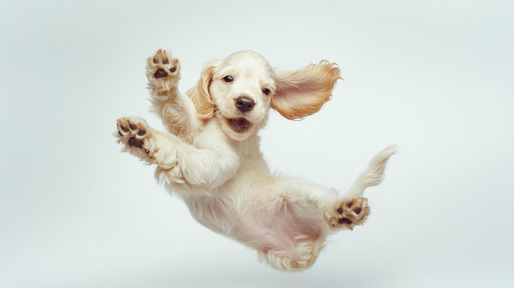 Low-angle shot of a happy puppy jumping mid-air, paws up and ears flopping, on a clean background, radiating youthful energy and joy. photo