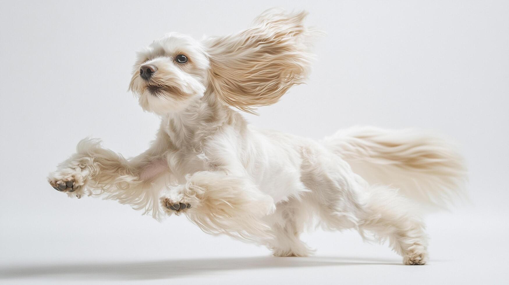 Action shot of a fluffy white dog in mid-air leap, ears flapping. The picture is taken against a simple white backdrop showcasing the dog's joyful energy. photo